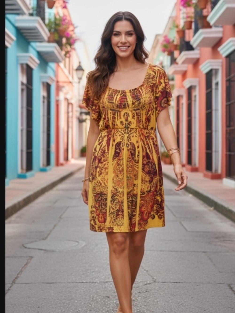 Style & Co. Yellow Paisley-Print Short Sleeve Mini Dress SZ PL